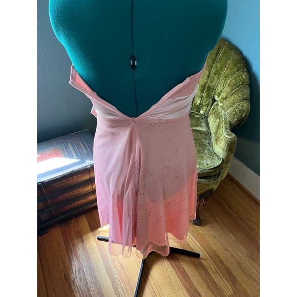 90s-Y2K Peach Sparkle Net Strapless Dress with Satin Bow and Waist Belt Barbieco - Picture 6 of 9